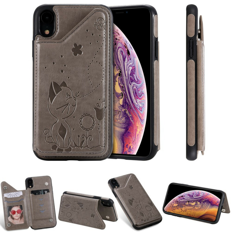 Coque iPhone XR Simili Cuir Porte-Cartes Support Chat