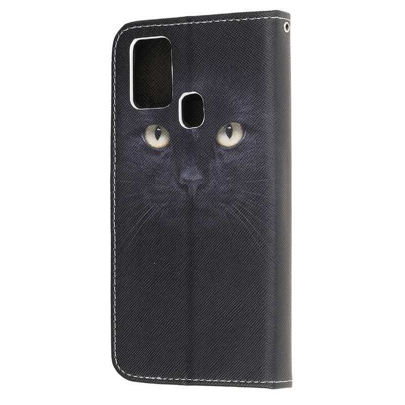 Housse Samsung Galaxy M31 Yeux de Chat Noir à Lanière