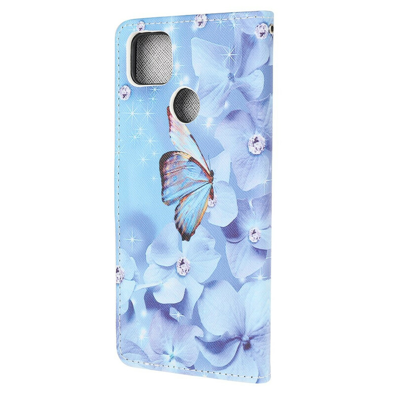 Housse Xiaomi Redmi 9C Papillons Diamants à Lanière