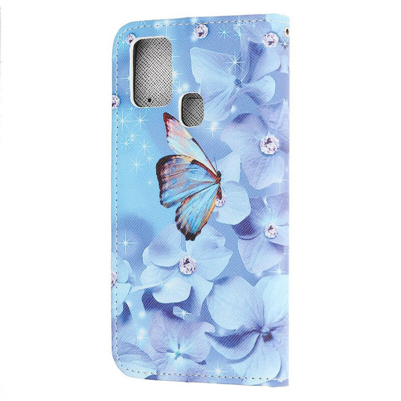 Housse Samsung Galaxy M21 Papillons Diamants à Lanière