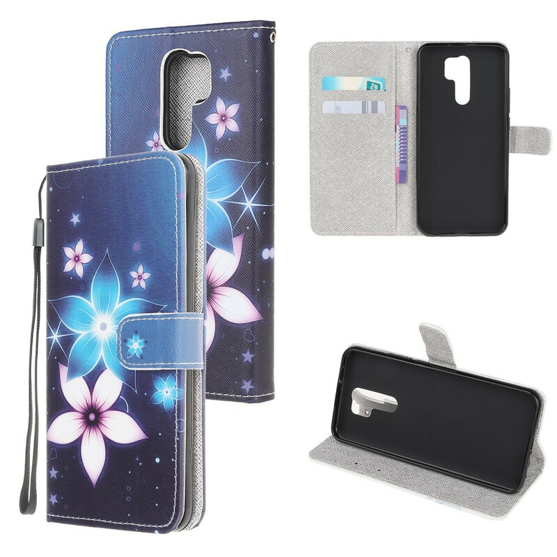 Housse Xaiomi Redmi 9 Fleurs Lunaires à Lanière