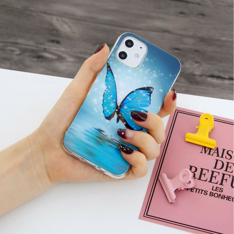 Coque iPhone 12 Papillon Bleu Fluorescente