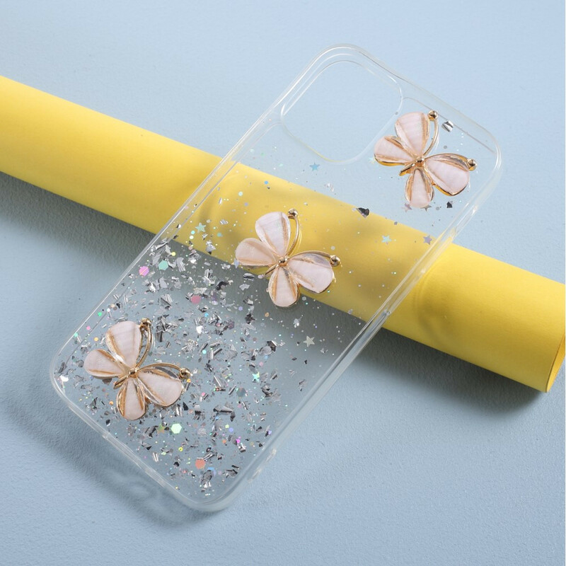 Coque iPhone 12 Paillettes Papillons 3D