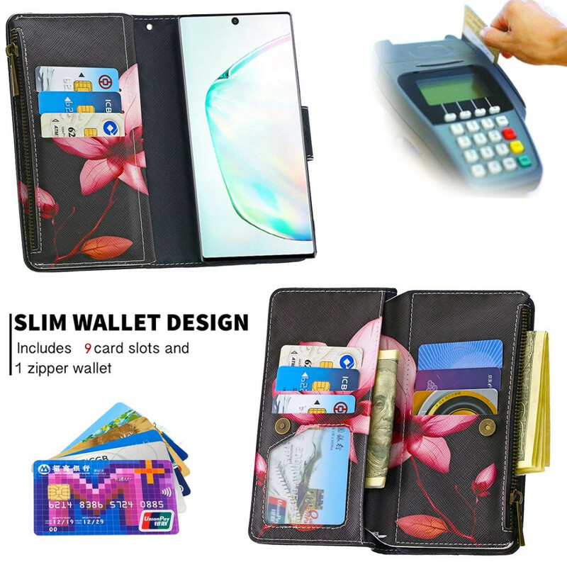 Housse Samsung Galaxy Note 10 Poche Zippée Fleur