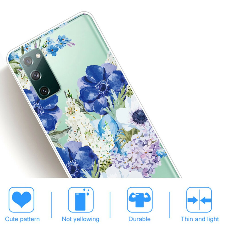 Coque Samsung Galaxy S20 FE Transparente Fleurs Bleues Aquarelle