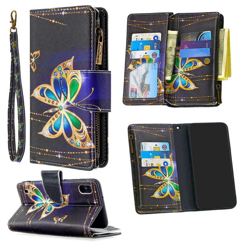 Housse Samsung Galaxy A10 Poche Zippée Papillon Royal