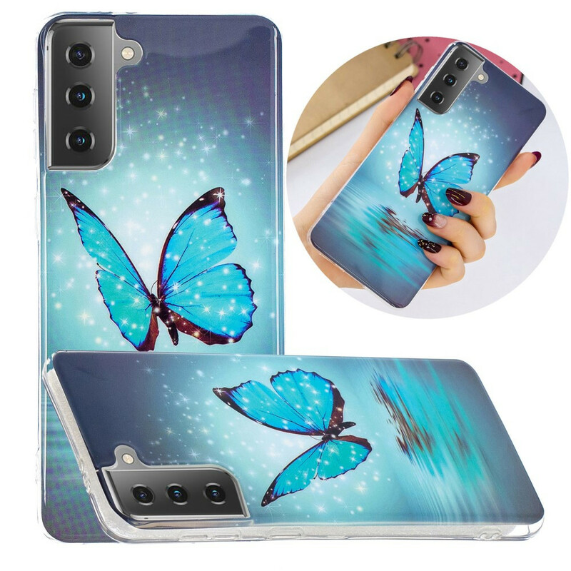 Coque Samsung Galaxy S21 5G Papillon Bleu Fluorescente