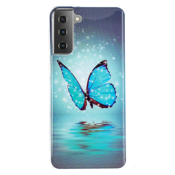 Coque Samsung Galaxy S21 5G Papillon Bleu Fluorescente