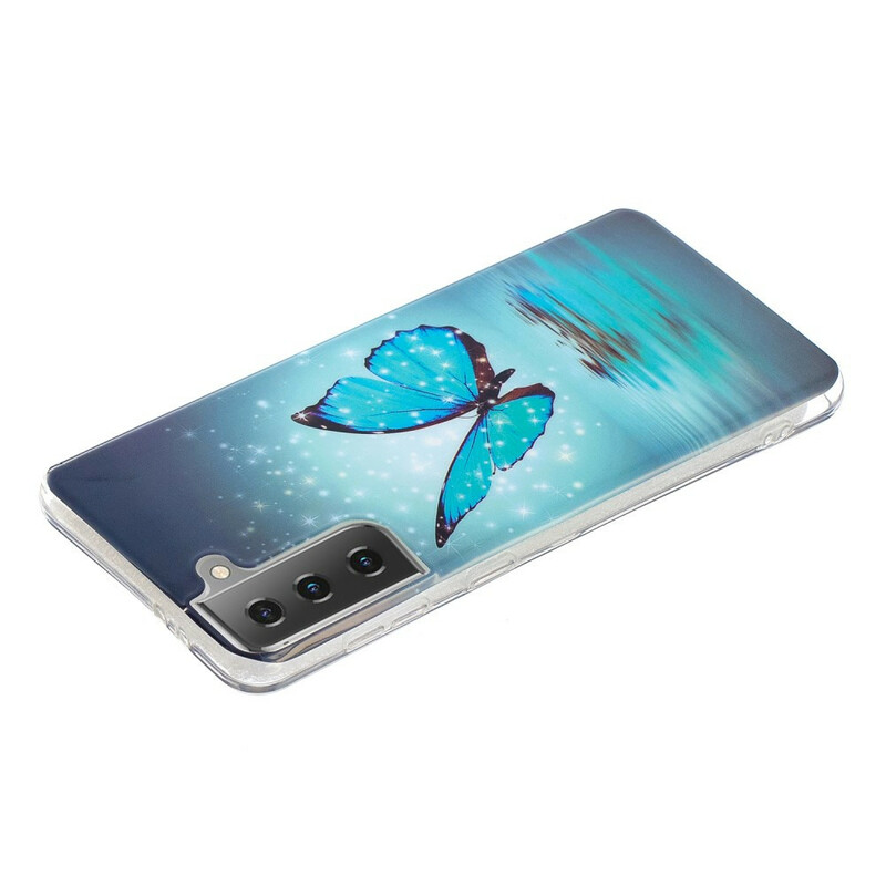 Coque Samsung Galaxy S21 5G Papillon Bleu Fluorescente