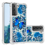 Coque Samsung Galaxy S21 5G Papillons Bleus Paillettes