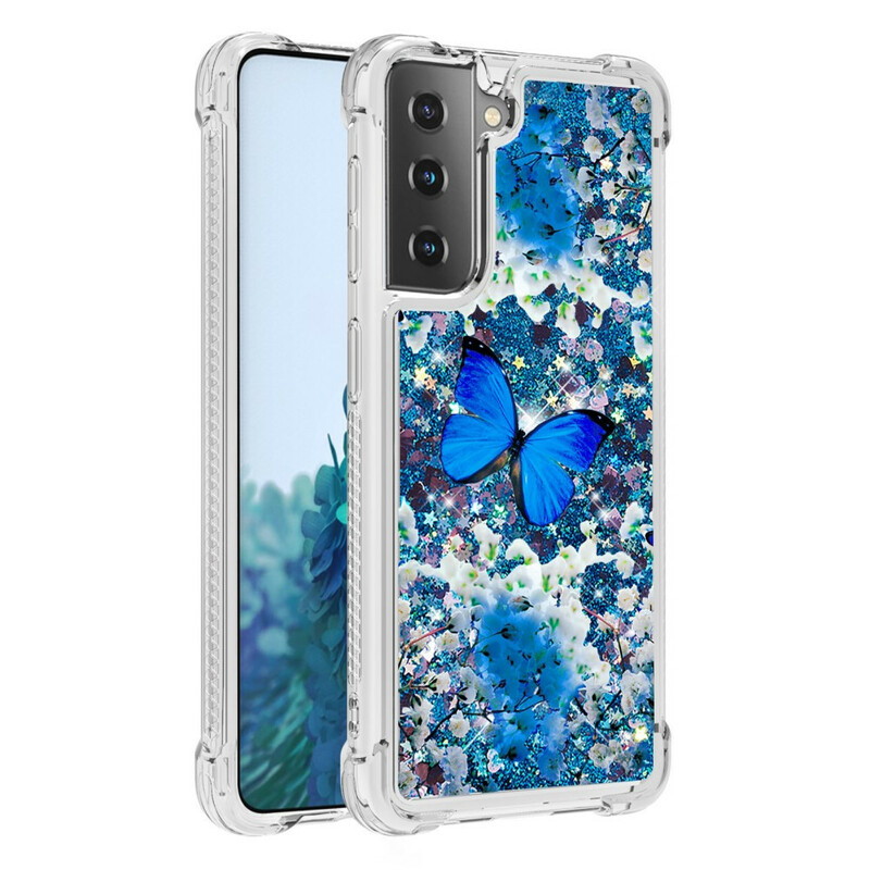 Coque Samsung Galaxy S21 5G Papillons Bleus Paillettes