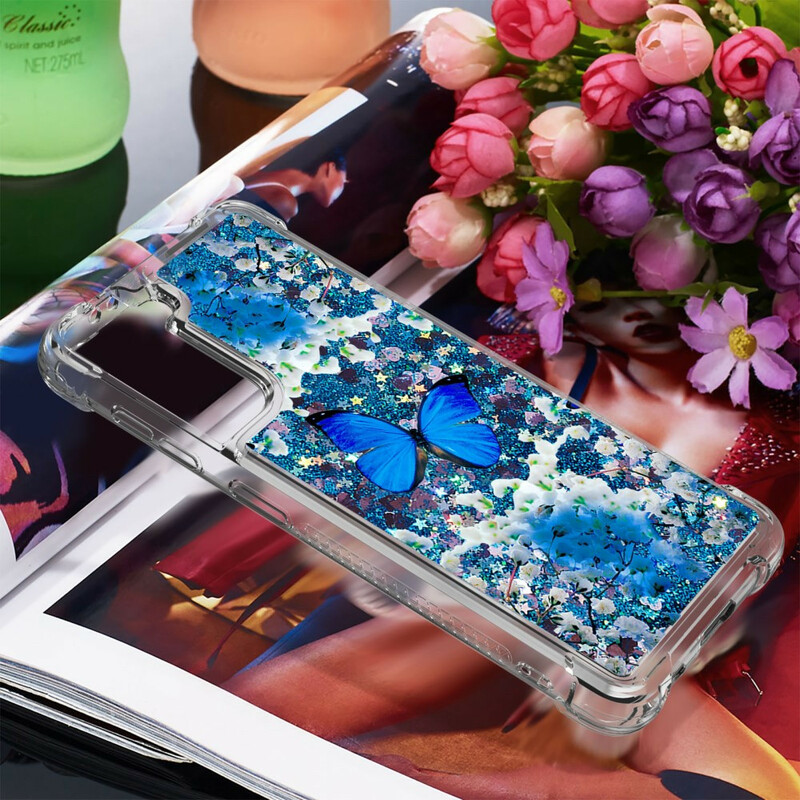 Coque Samsung Galaxy S21 5G Papillons Bleus Paillettes