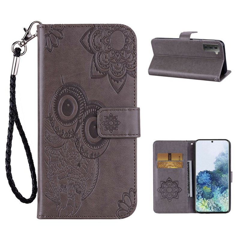 Housse Samsung Galaxy 21 5G Hibou Mandala et Lanière